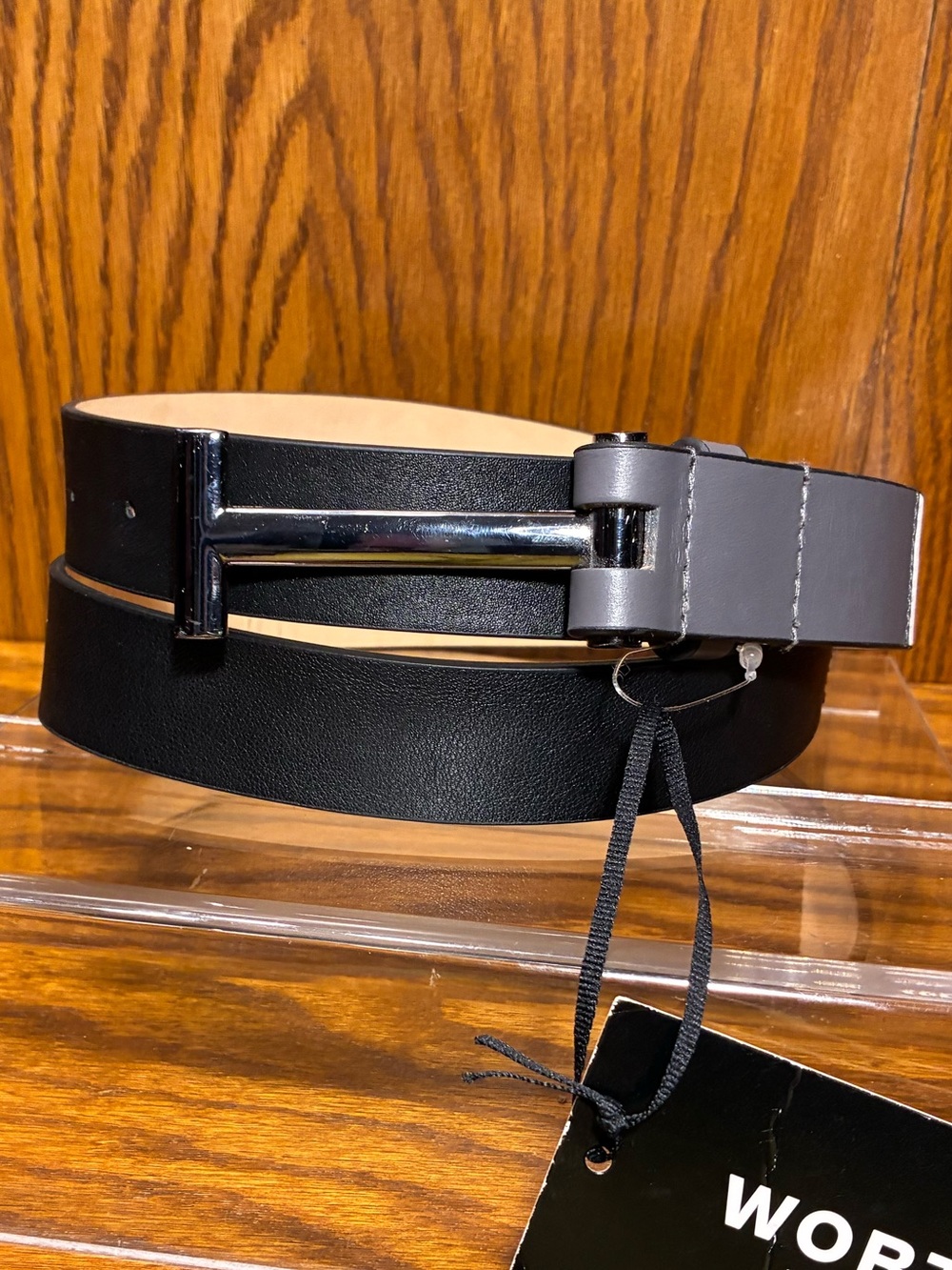 Worth NY Colorblock Leather Belt Black Gray White Gunmetal T-Shaped Buckle Large